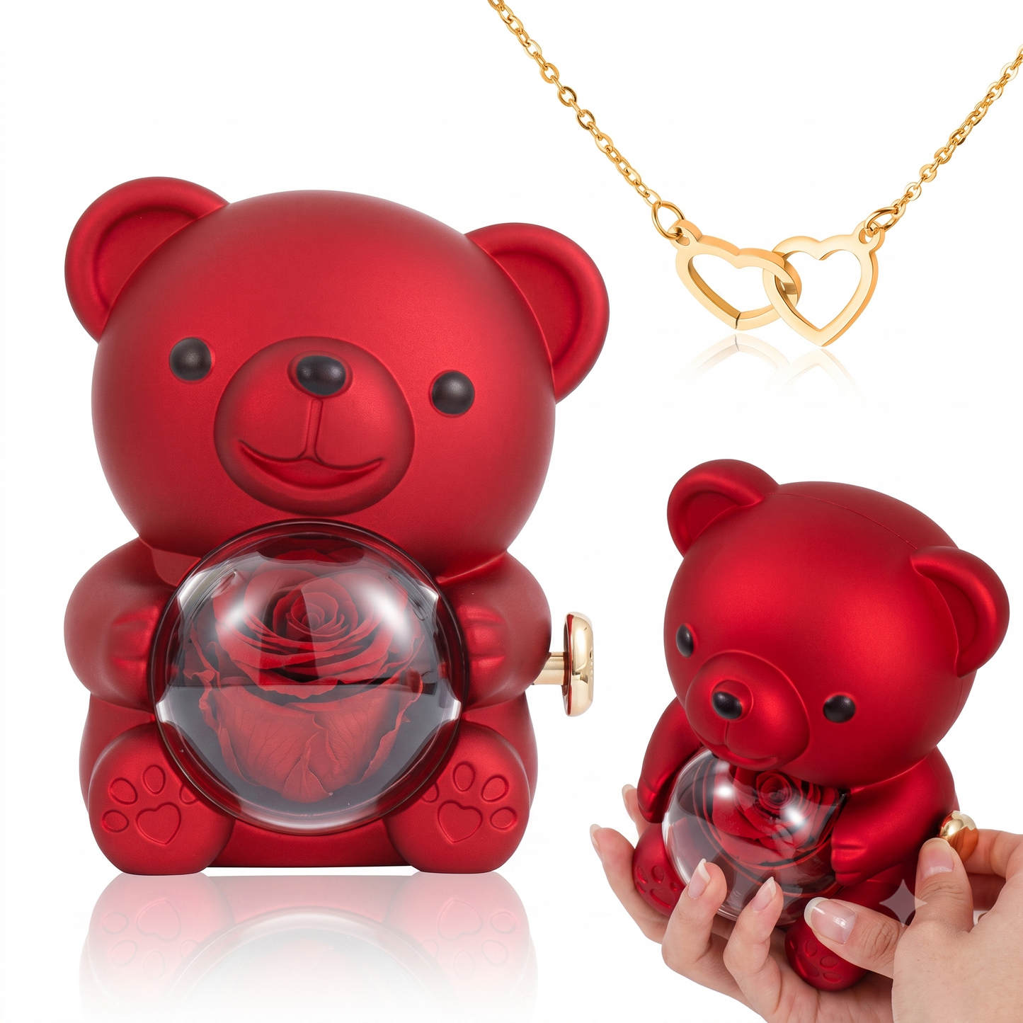 Collar de Corazón Grabado en Oso con Rosa Eterna