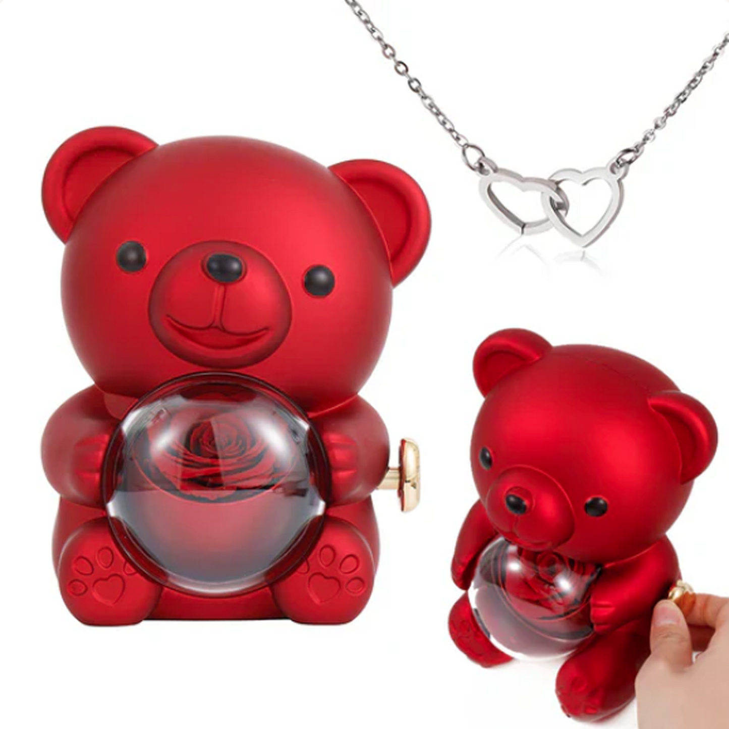 Collar de Corazón Grabado en Oso con Rosa Eterna