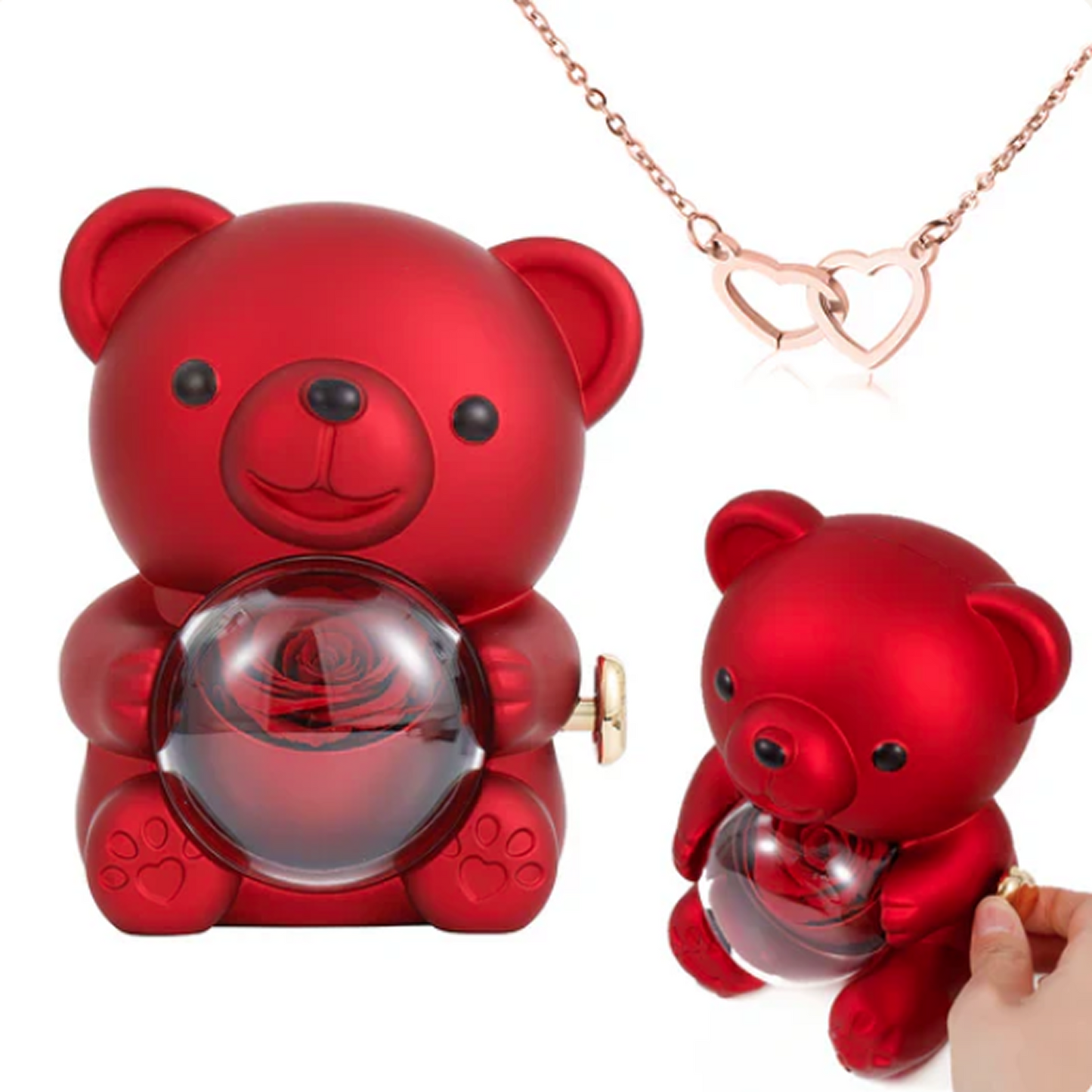 Collar de Corazón Grabado en Oso con Rosa Eterna