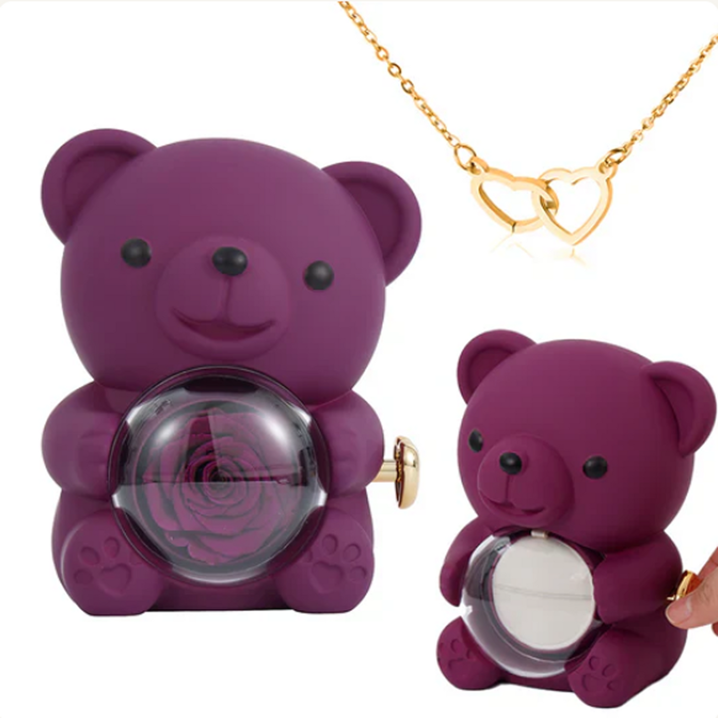 Collar de Corazón Grabado en Oso con Rosa Eterna