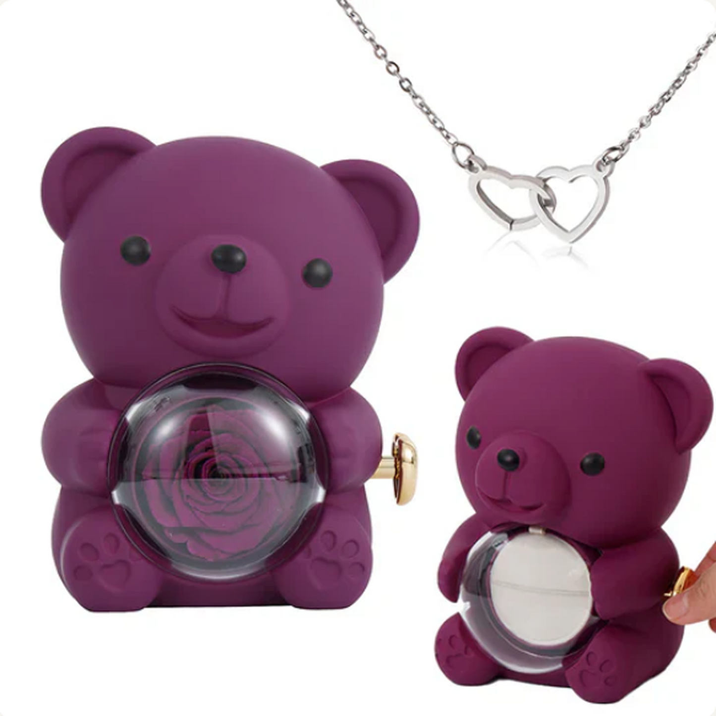 Collar de Corazón Grabado en Oso con Rosa Eterna