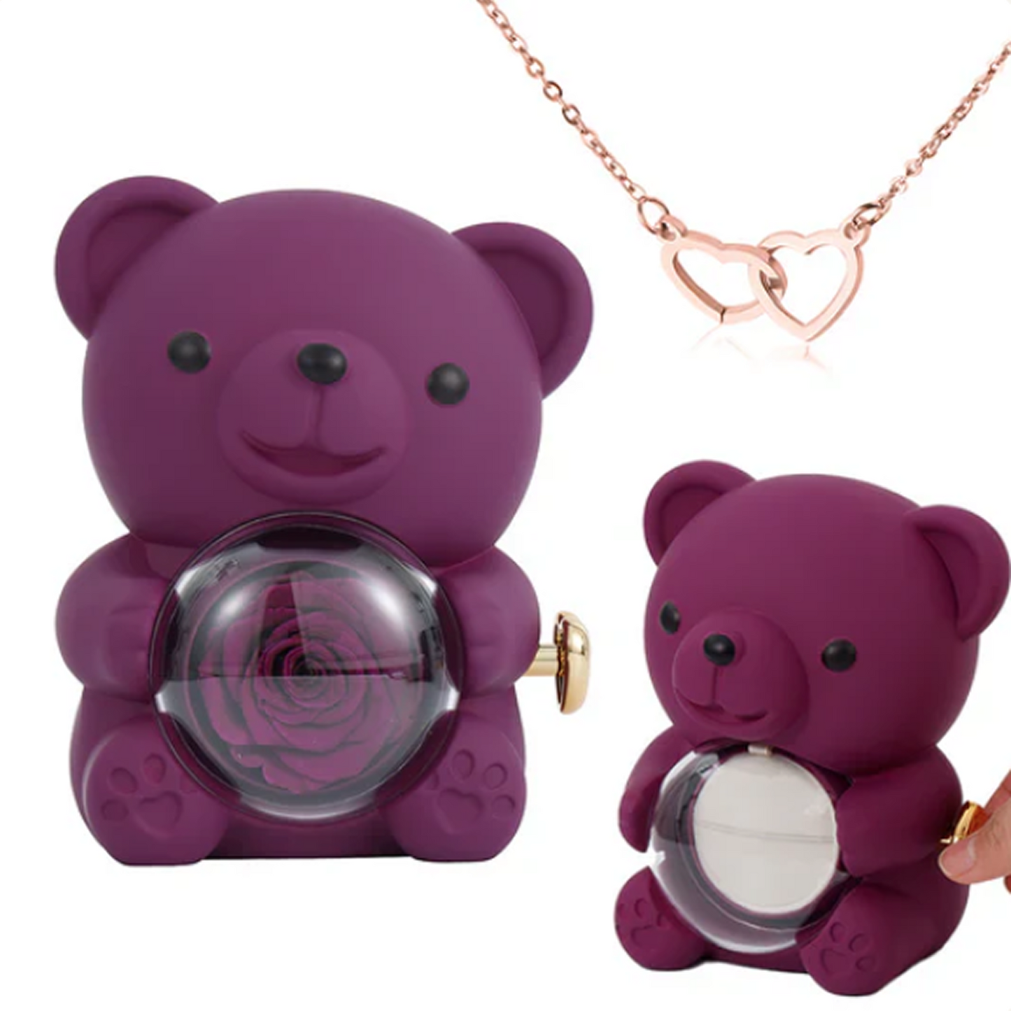 Collar de Corazón Grabado en Oso con Rosa Eterna