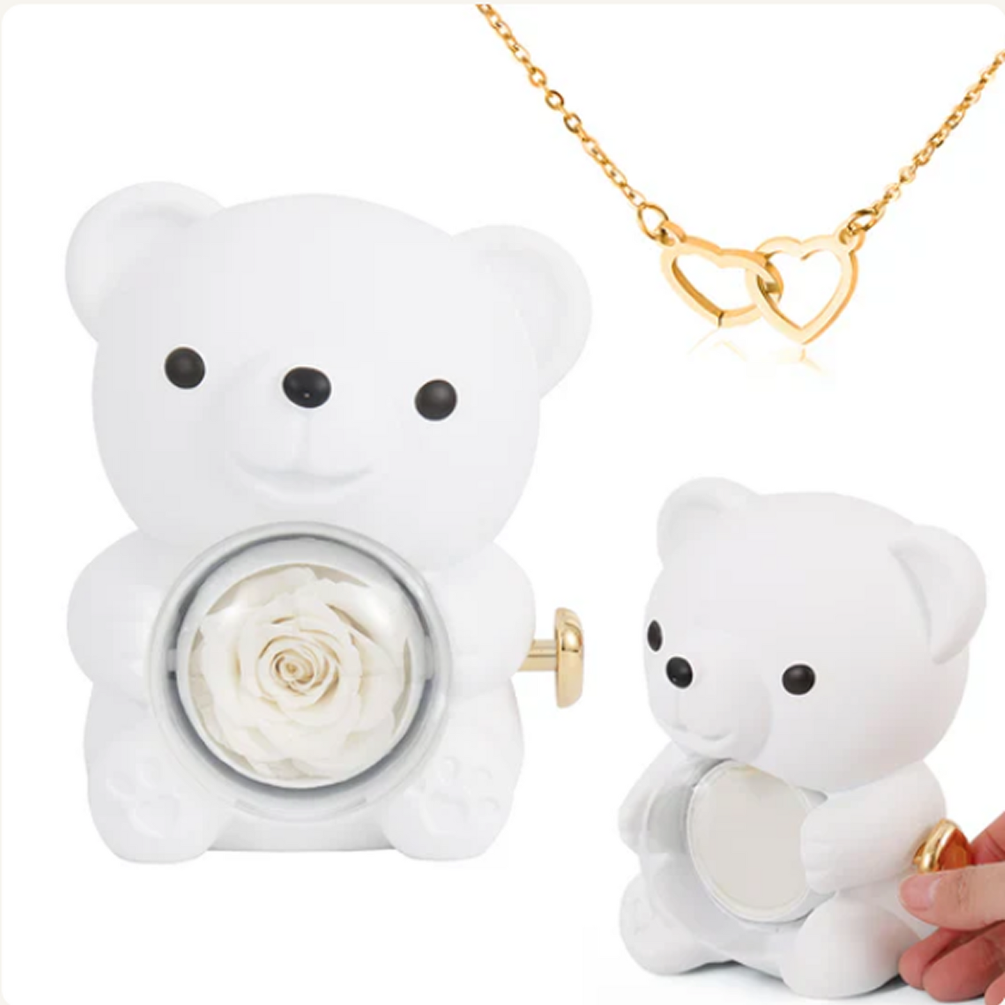 Collar de Corazón Grabado en Oso con Rosa Eterna