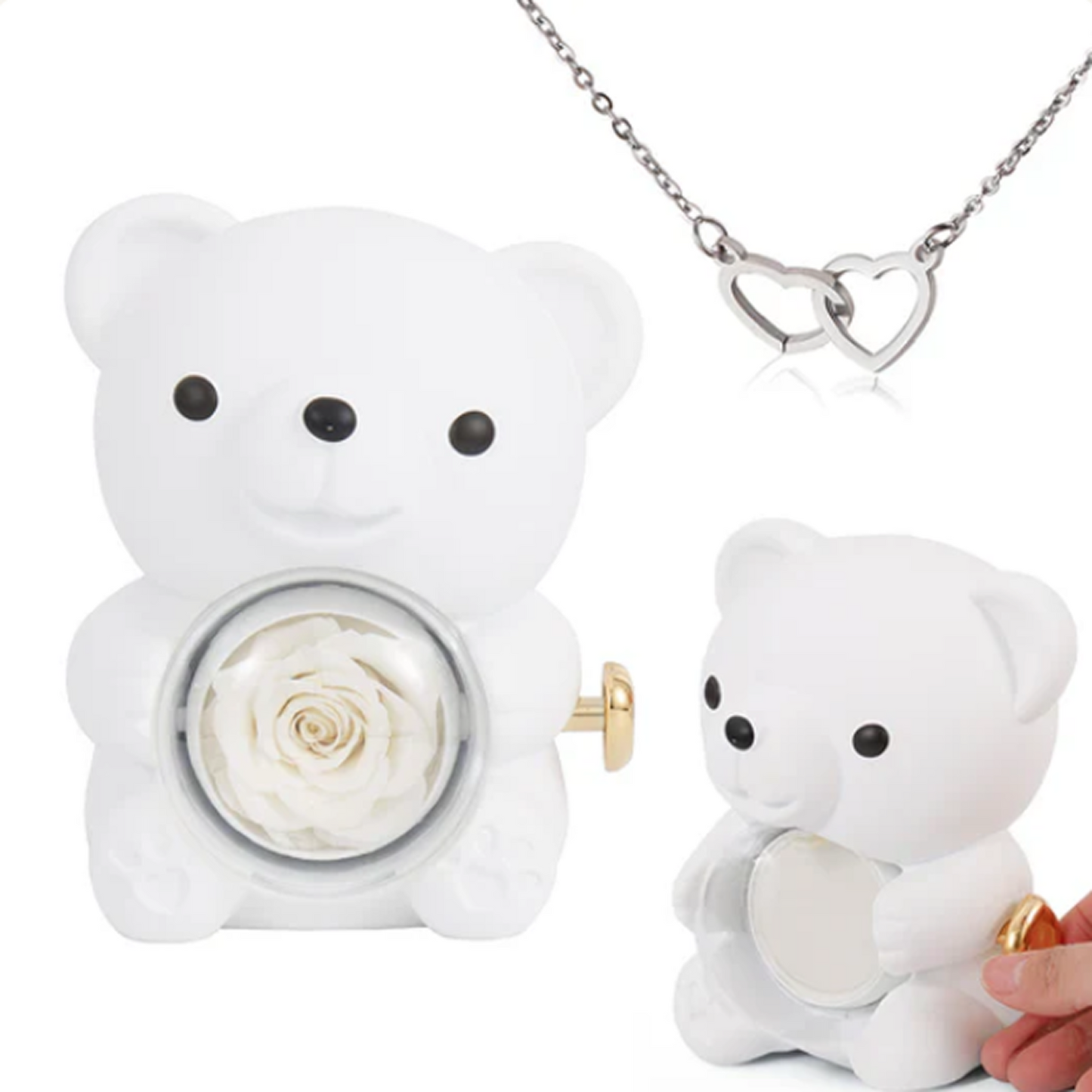 Collar de Corazón Grabado en Oso con Rosa Eterna