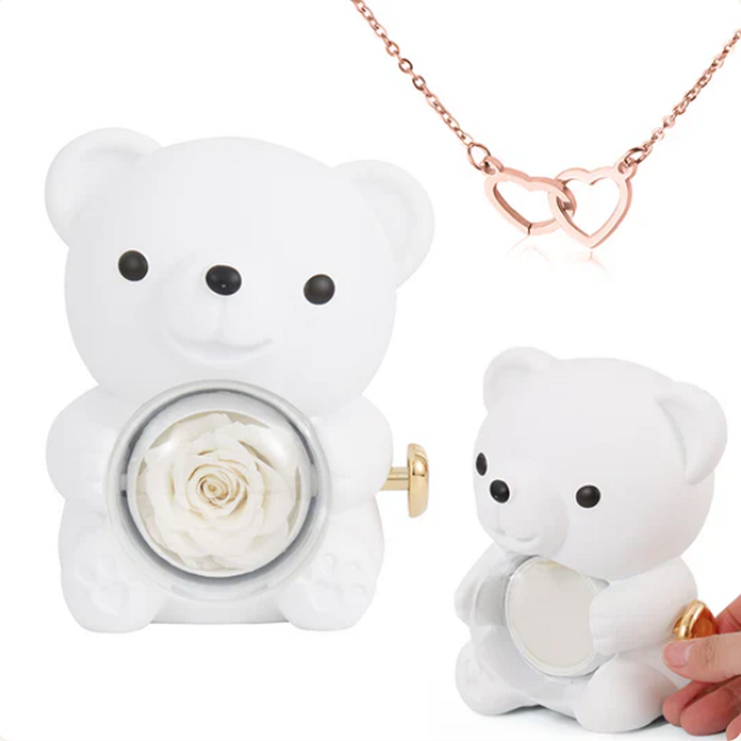 Collar de Corazón Grabado en Oso con Rosa Eterna