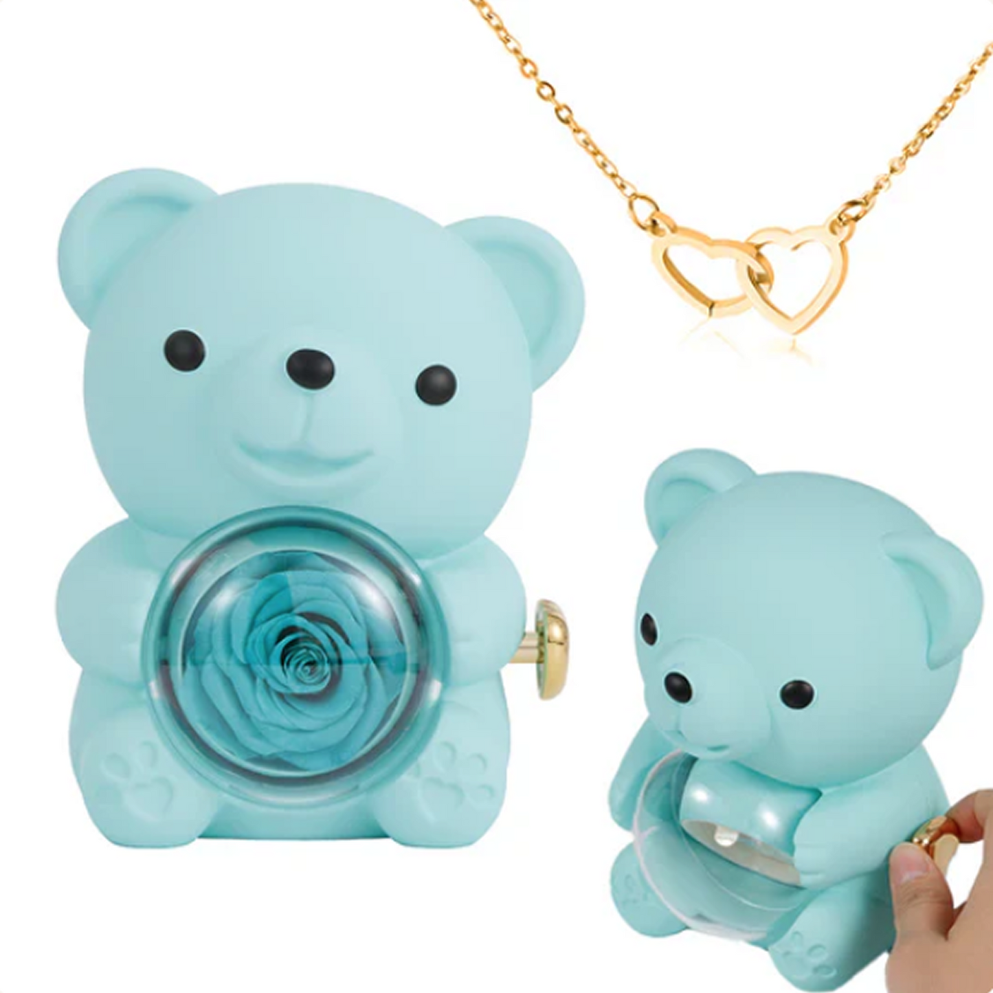 Collar de Corazón Grabado en Oso con Rosa Eterna