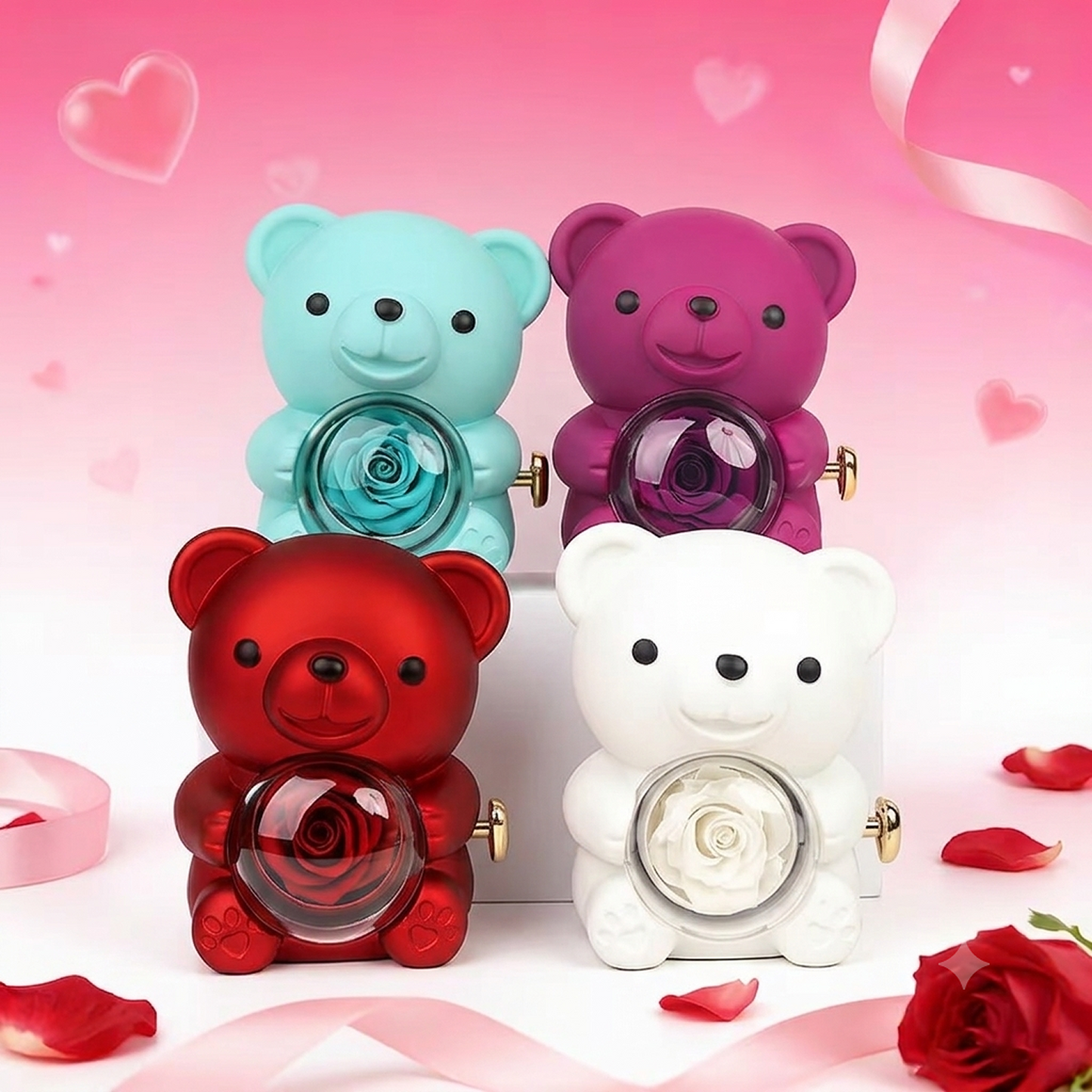Collar de Corazón Grabado en Oso con Rosa Eterna